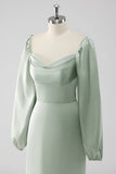 Sage Green A Line Off the Shoulder Long Bridesmaid Dress with Long Sleeves