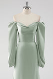 Sage Green A Line Off the Shoulder Long Bridesmaid Dress with Long Sleeves