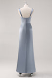 Grey Blue Sheath Cowl Neck Satin Long Bridesmaid Dress with Slit