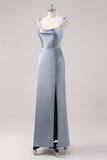Grey Blue Sheath Cowl Neck Satin Long Bridesmaid Dress with Slit