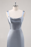Grey Blue Sheath Cowl Neck Satin Long Bridesmaid Dress with Slit