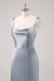 Grey Blue Sheath Cowl Neck Satin Long Bridesmaid Dress with Slit