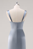 Grey Blue Sheath Cowl Neck Satin Long Bridesmaid Dress with Slit