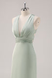 Sage Green Sheath Deep V Neck Ruched Backless Satin Long Bridesmaid Dress