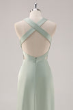 Sage Green Sheath Deep V Neck Ruched Backless Satin Long Bridesmaid Dress