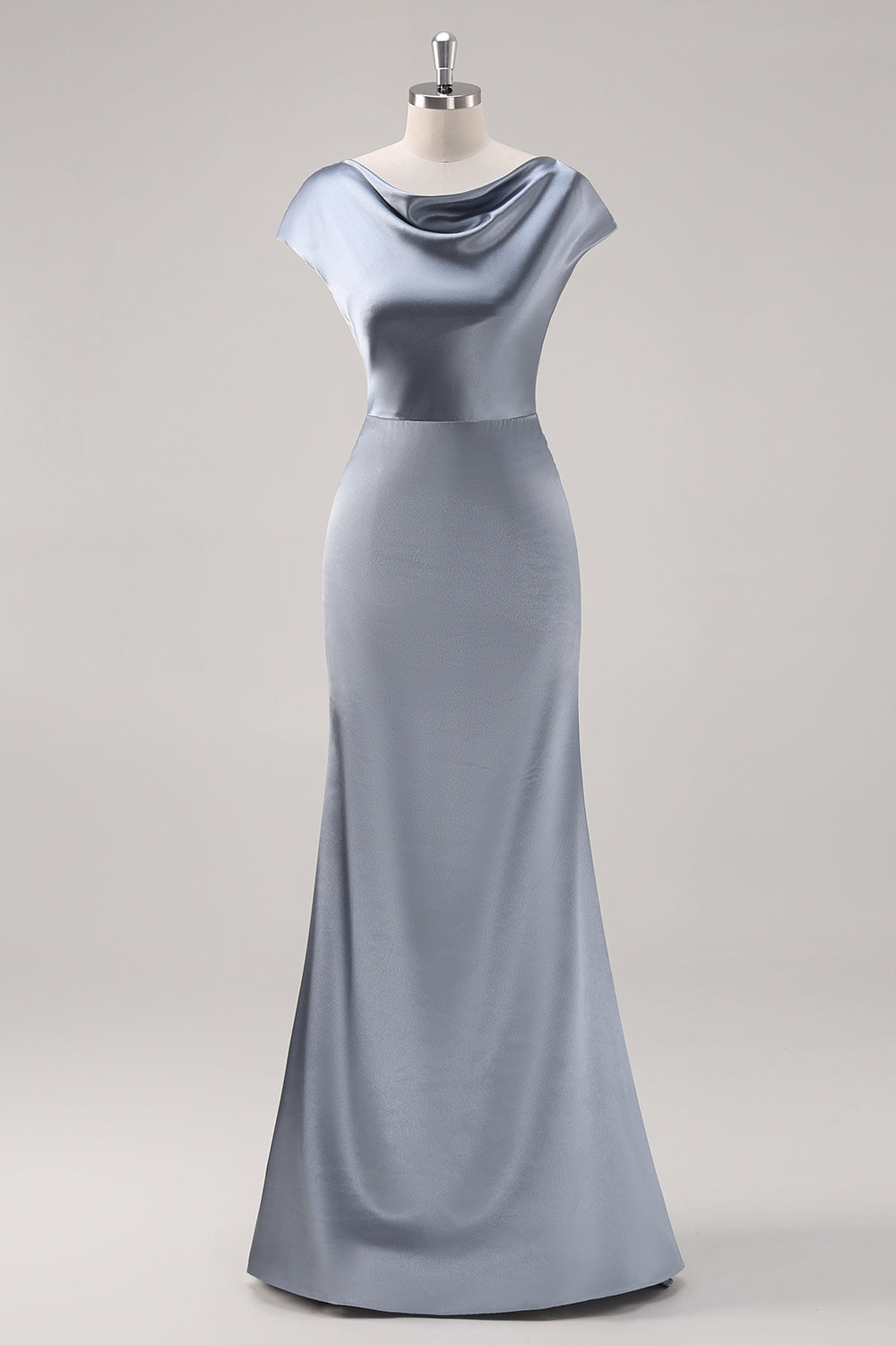 WEDTREND Women Grey Blue Satin Bridesmaid Dress with Cape Sleeves Cowl Collar Long Wedding Party Dress WEDTREND Women Grey Blue Satin Bridesmaid Dress with Cape Sleeves Cowl Collar Long Wedding Party Dress