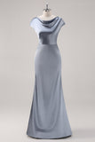 Grey Blue Sheath Cowl Collar Satin Long Bridesmaid Dress with Cape Sleeves
