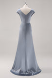 Grey Blue Sheath Cowl Collar Satin Long Bridesmaid Dress with Cape Sleeves
