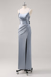 Grey Blue Sheath Ruched Spaghetti Straps Satin Long Bridesmaid Dress with Slit