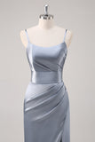 Grey Blue Sheath Ruched Spaghetti Straps Satin Long Bridesmaid Dress with Slit