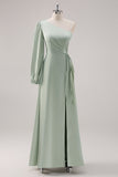 Sage Green A Line One Shoulder Ruched Long Bridesmaid Dress with Slit