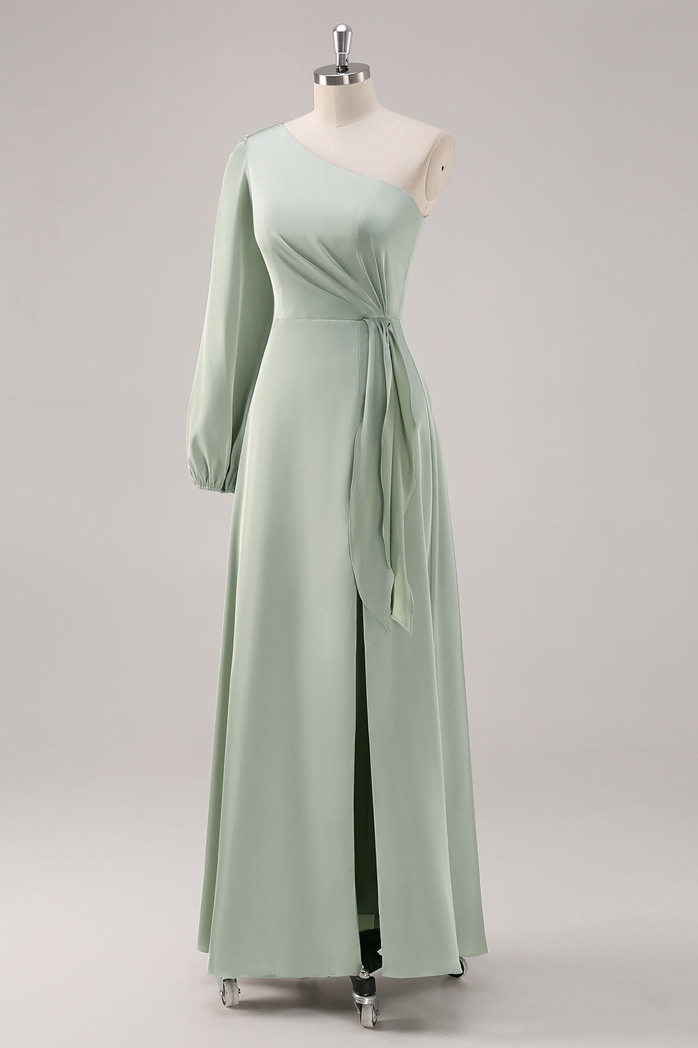 WEDTREND Women Sage Green Bridesmaid Dress with Slit A Line One Shoulder Satin Wedding Guest Dress with Long Sleeves WEDTREND Women Sage Green Bridesmaid Dress with Slit A Line One Shoulder Satin Wedding Guest Dress with Long Sleeves