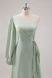 Sage Green A Line One Shoulder Ruched Long Bridesmaid Dress with Slit