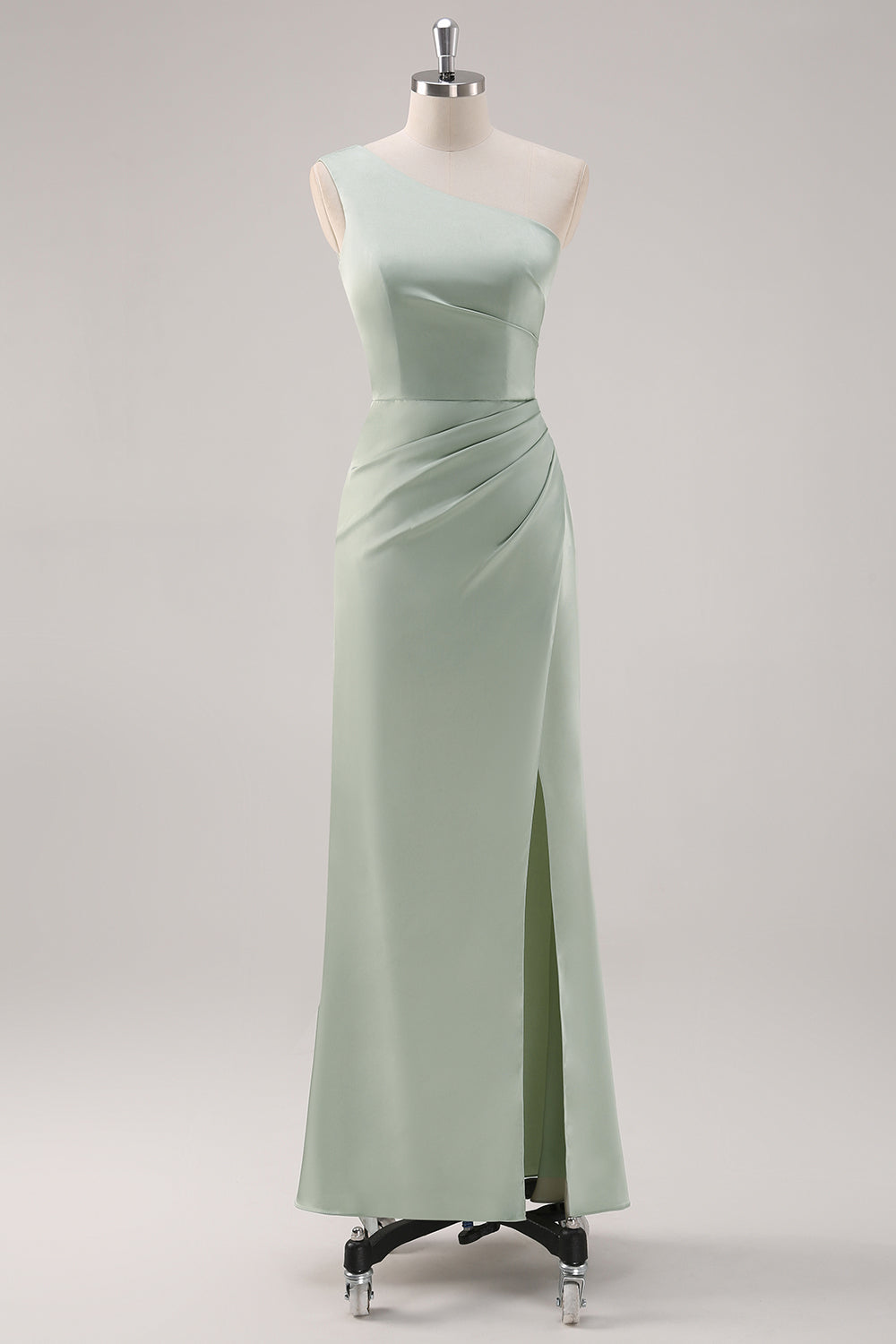 WEDTREND Women Simple Satin Bridesmaid Dress with Slit Sage Green One Shoulder Long Ruched Wedding Party Dress WEDTREND Women Simple Satin Bridesmaid Dress with Slit Sage Green One Shoulder Long Ruched Wedding Party Dress