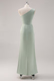 Simple Sheath Sage Green Satin One Shoulder Long Bridesmaid Dress with Slit