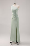 Simple Sheath Sage Green Satin One Shoulder Long Bridesmaid Dress with Slit