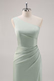 Simple Sheath Sage Green Satin One Shoulder Long Bridesmaid Dress with Slit