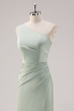 Simple Sheath Sage Green Satin One Shoulder Long Bridesmaid Dress with Slit