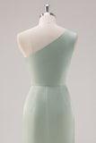 Simple Sheath Sage Green Satin One Shoulder Long Bridesmaid Dress with Slit