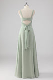 Sage Green Chiffon V-Neck A-Line Long Bridesmaid Dress with Slit