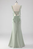 Sage Green Sheath Ruffled Lace-Up Back Long Bridesmaid Dress with Slit