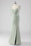 Sage Green Sheath Ruffled Lace-Up Back Long Bridesmaid Dress with Slit