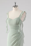 Sage Green Sheath Ruffled Lace-Up Back Long Bridesmaid Dress with Slit