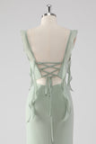 Sage Green Sheath Ruffled Lace-Up Back Long Bridesmaid Dress with Slit