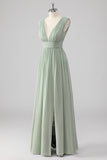 Sage Green V Neck Pleated Chiffon Long Bridesmaid Dress with Slit