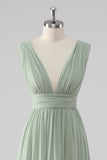 Sage Green V Neck Pleated Chiffon Long Bridesmaid Dress with Slit