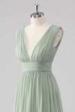 Sage Green V Neck Pleated Chiffon Long Bridesmaid Dress with Slit