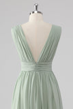 Sage Green V Neck Pleated Chiffon Long Bridesmaid Dress with Slit