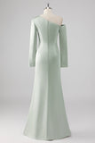 Sage Sheath One Shoulder Satin Long Bridesmaid Dress with Long Sleeves