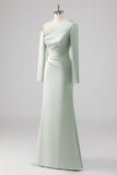 Sage Sheath One Shoulder Satin Long Bridesmaid Dress with Long Sleeves