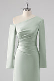 Sage Sheath One Shoulder Satin Long Bridesmaid Dress with Long Sleeves
