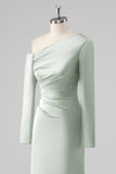 Sage Sheath One Shoulder Satin Long Bridesmaid Dress with Long Sleeves