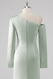 Sage Sheath One Shoulder Satin Long Bridesmaid Dress with Long Sleeves