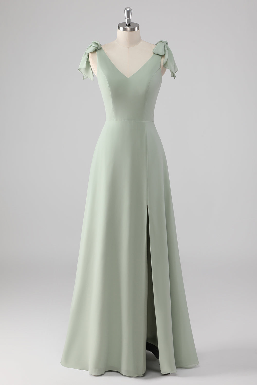 WEDTREND Women Sage Green Bridesmaid Dress with Slit A Line V Neck Bow Tie Straps Long Wedding Party Dress WEDTREND Women Sage Green Bridesmaid Dress with Slit A Line V Neck Bow Tie Straps Long Wedding Party Dress