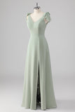 Sage Green A Line V Neck Bow Tie Straps Long Bridesmaid Dress with Slit