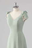 Sage Green A Line V Neck Bow Tie Straps Long Bridesmaid Dress with Slit