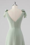 Sage Green A Line V Neck Bow Tie Straps Long Bridesmaid Dress with Slit