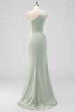 Sage Green Sheath One Shoulder Satin Long Bridesmaid Dress with Slit