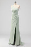 Sage Green Sheath One Shoulder Satin Long Bridesmaid Dress with Slit