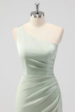 Sage Green Sheath One Shoulder Satin Long Bridesmaid Dress with Slit