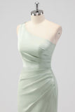 Sage Green Sheath One Shoulder Satin Long Bridesmaid Dress with Slit