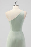 Sage Green Sheath One Shoulder Satin Long Bridesmaid Dress with Slit