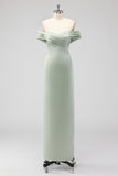 Sage Green Sheath Off the Shoulder Ruched Satin Long Bridesmaid Dress