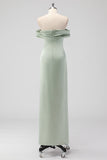 Sage Green Sheath Off the Shoulder Ruched Satin Long Bridesmaid Dress