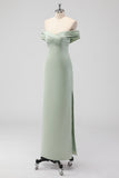 Sage Green Sheath Off the Shoulder Ruched Satin Long Bridesmaid Dress