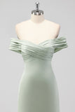 Sage Green Sheath Off the Shoulder Ruched Satin Long Bridesmaid Dress